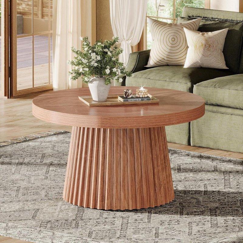 Kahverengi MDF Yivli Tambur Kaideli Yuvarlak Orta Sehpa - 81x45 cm - 241209