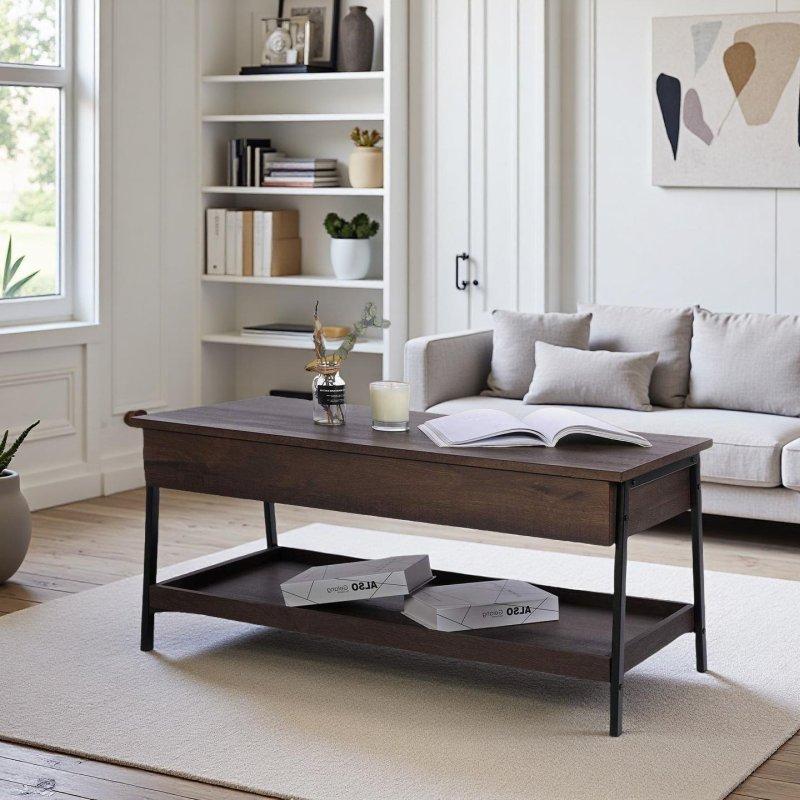 Kahverengi MDF Yükseltilebilir Tablalı Gizli Bölmeli Akıllı Sehpa - 105x50 cm - 254120