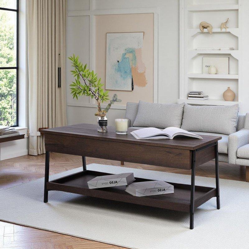 Kahverengi MDF Yükseltilebilir Tablalı Gizli Bölmeli Akıllı Sehpa - 105x50 cm - 254120