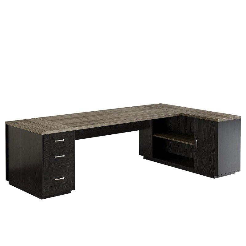 Kahverengi Melamin Ahşap Çekmeceli ve Raflı L Tipi Yönetici Ofis Masası - 218x139 cm - 328060