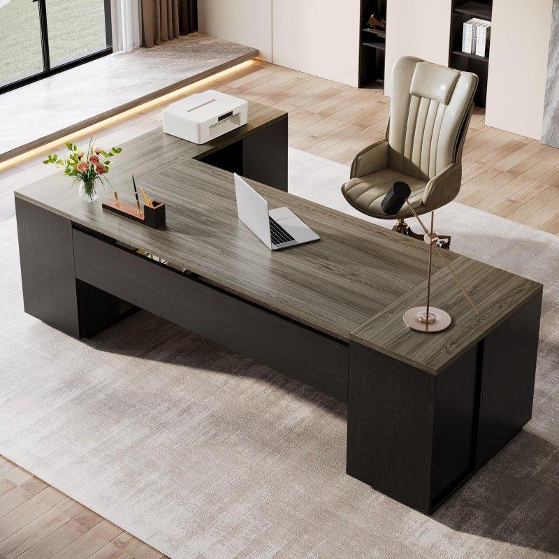 Kahverengi Melamin Ahşap Çekmeceli ve Raflı L Tipi Yönetici Ofis Masası - 218x139 cm - 328060