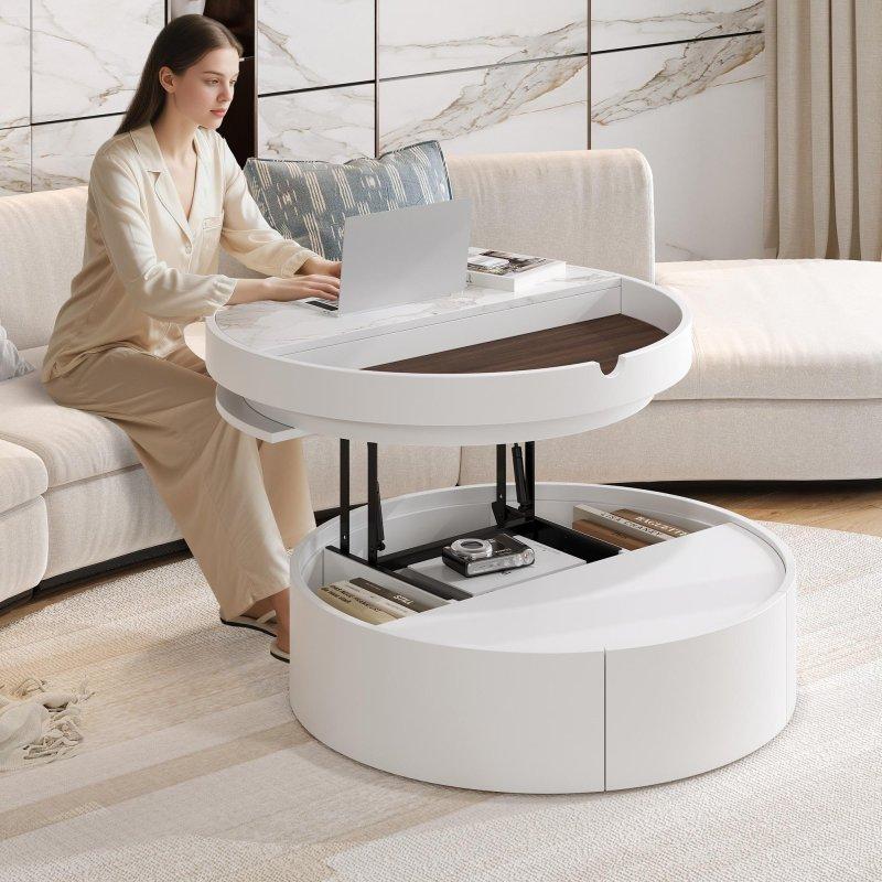 Kahverengi Mermer Desenli MDF Çekmeceli Asansörlü Yuvarlak Akıllı Sehpa - 75 cm - 254465
