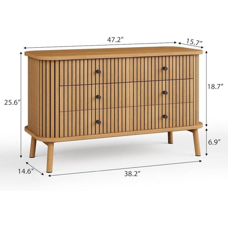 Kahverengi Meşe 6 Çekmeceli Bambu Dokulu Kavisli Şifonyer - 120x66x40 cm - 310026