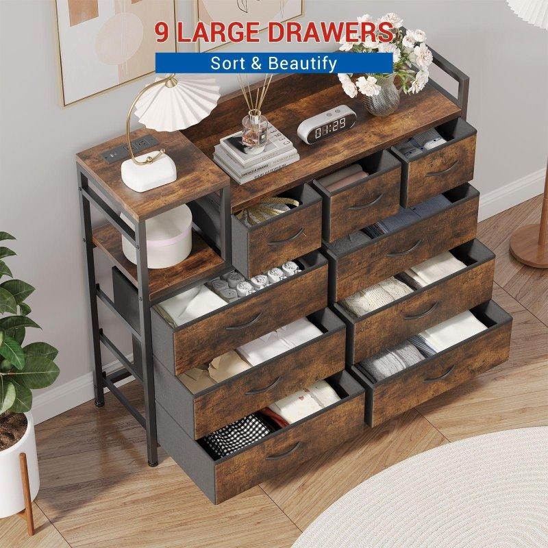 Kahverengi Meşe Ahşap 9 Çekmeceli Şarj İstasyonlu Şifonyer - 309558