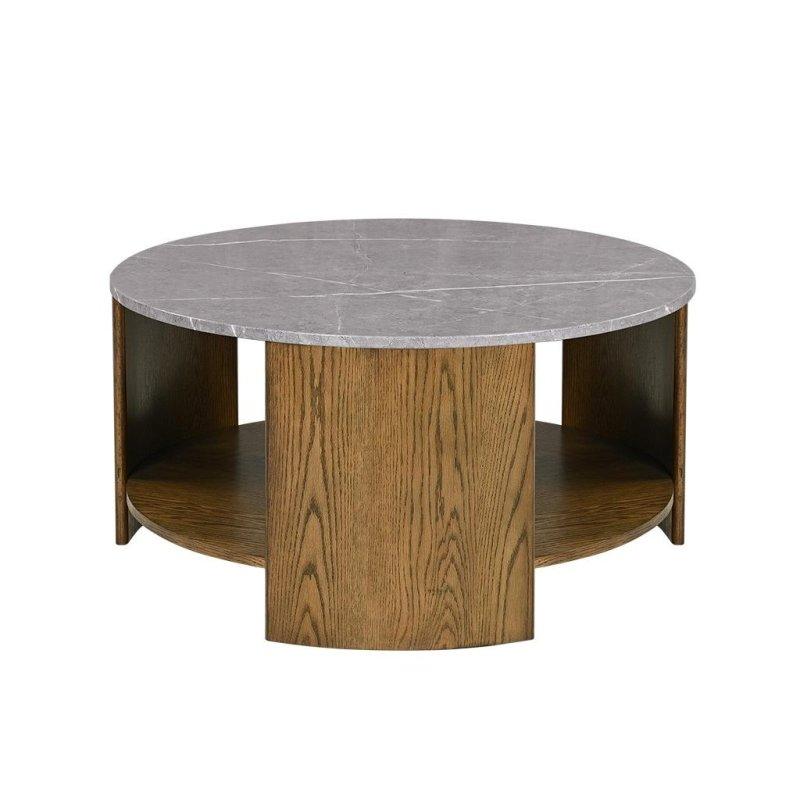 Kahverengi Meşe Ahşap Alt Raflı Mermer Desenli Yuvarlak Orta Sehpa - 92 cm - 242338