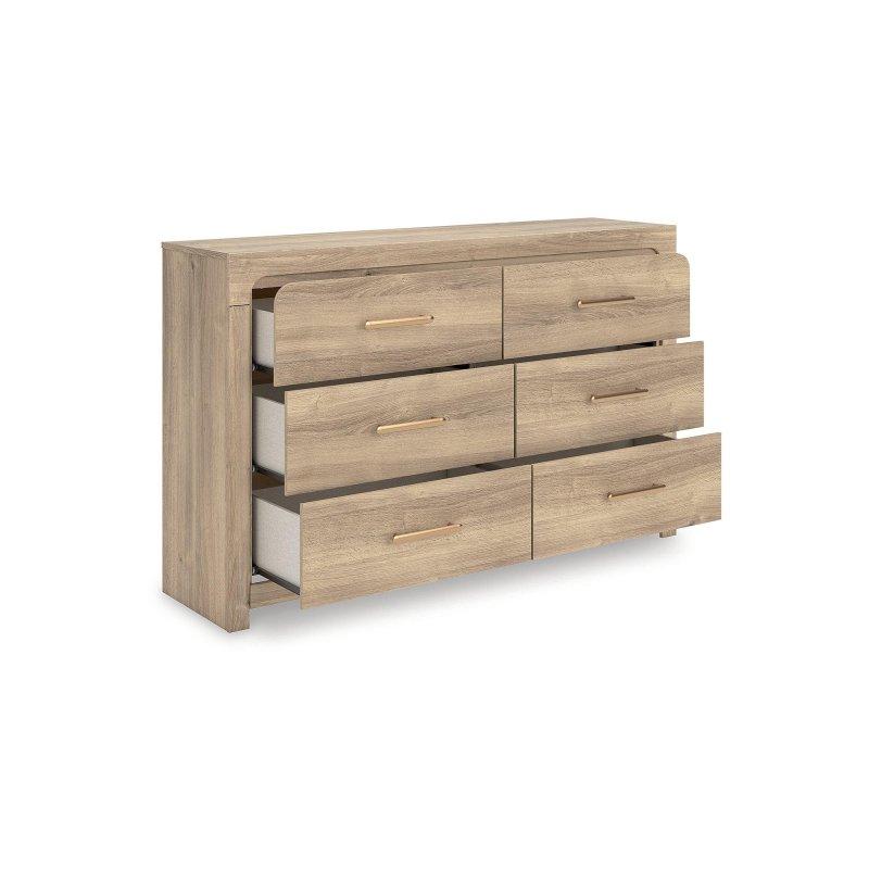 Kahverengi Meşe Dokulu MDF 6 Çekmeceli Bronz Kulplu Şifonyer - 150x94x39 cm - 303613