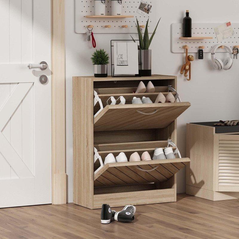 Kahverengi Meşe MDF 2 Çekmeceli Devrilir Kapaklı Ayakkabılık Şifonyer - 57x24x75 cm - 297238