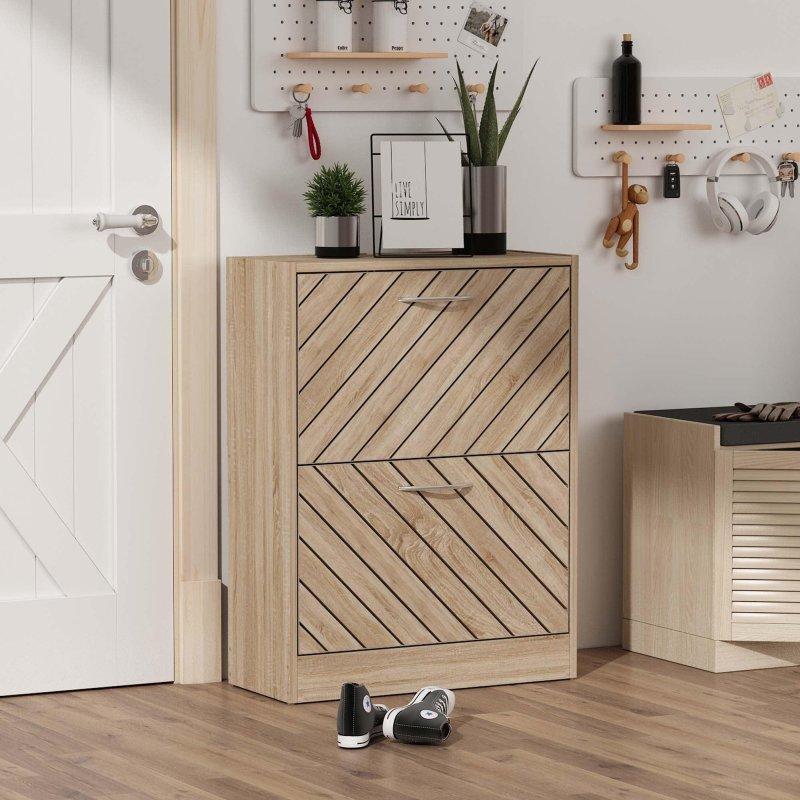 Kahverengi Meşe MDF 2 Çekmeceli Devrilir Kapaklı Ayakkabılık Şifonyer - 57x24x75 cm - 297238