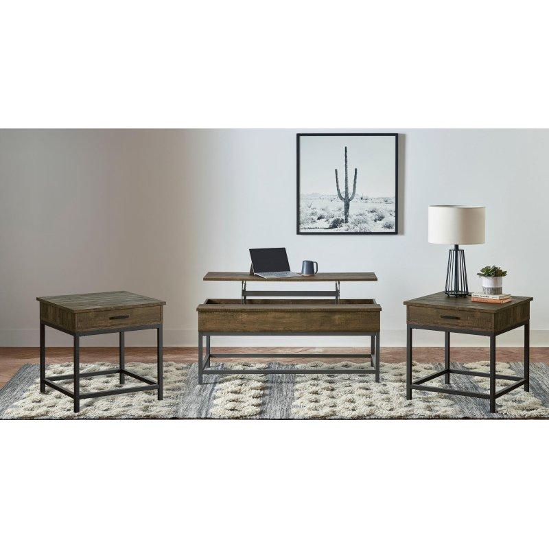 Kahverengi Meşe MDF Siyah Metal Asansörlü Gizli Bölmeli Akıllı Sehpa Seti - 121 cm - 253857