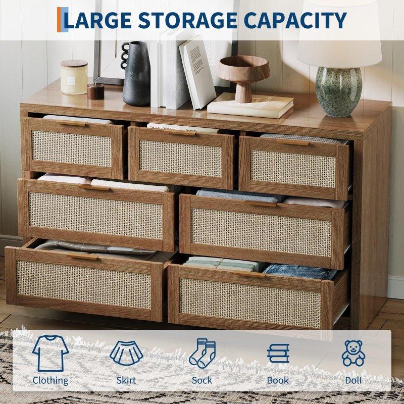 Kahverengi Meşe Rattan 7 Çekmeceli Metal Kulplu Şifonyer - 134 cm - 305936
