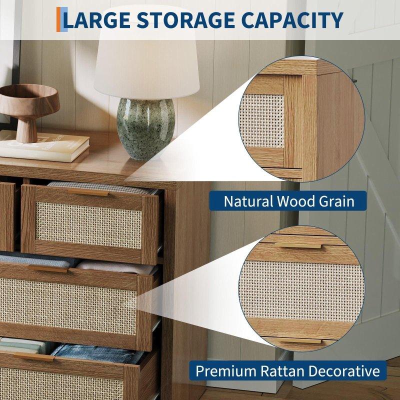 Kahverengi Meşe Rattan 7 Çekmeceli Metal Kulplu Şifonyer - 134 cm - 305936