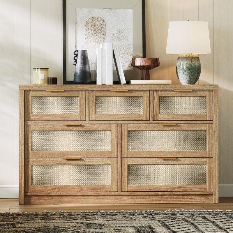 Kahverengi Meşe Rattan 7 Çekmeceli Metal Kulplu Şifonyer - 134 cm - 305936