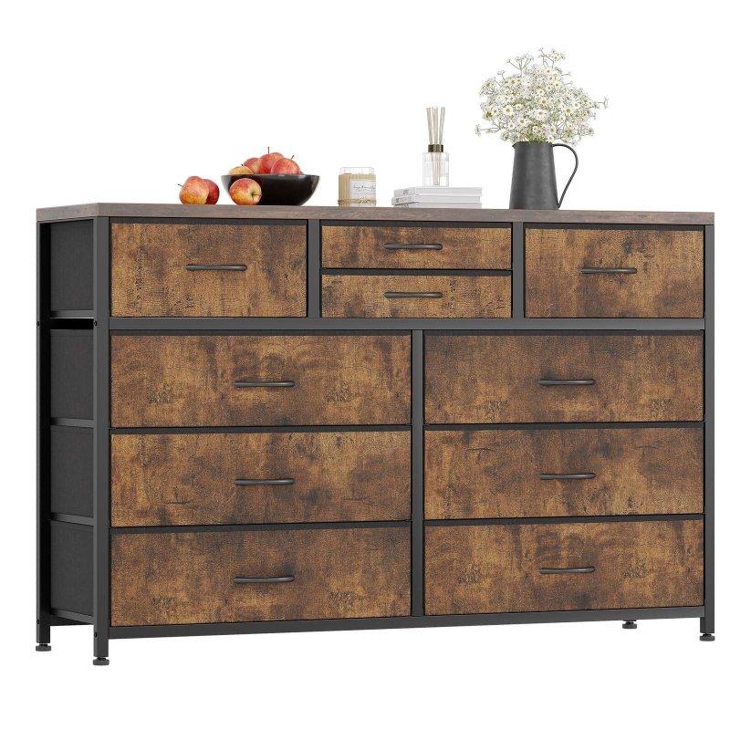 Kahverengi Meşe Tablalı Kumaş 10 Çekmeceli Şifonyer - 116x36x81 cm - 298615