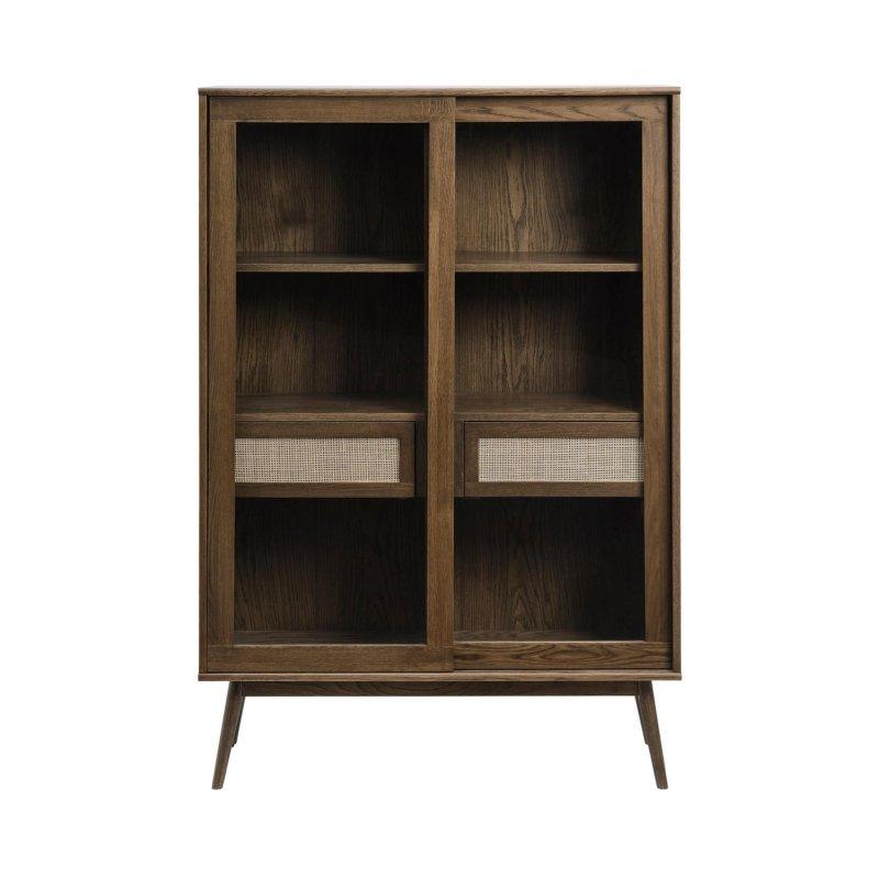 Kahverengi Meşe ve Rattan Sürgülü Cam Kapaklı Çekmeceli Kitaplık - 110x110x161 cm - 316690