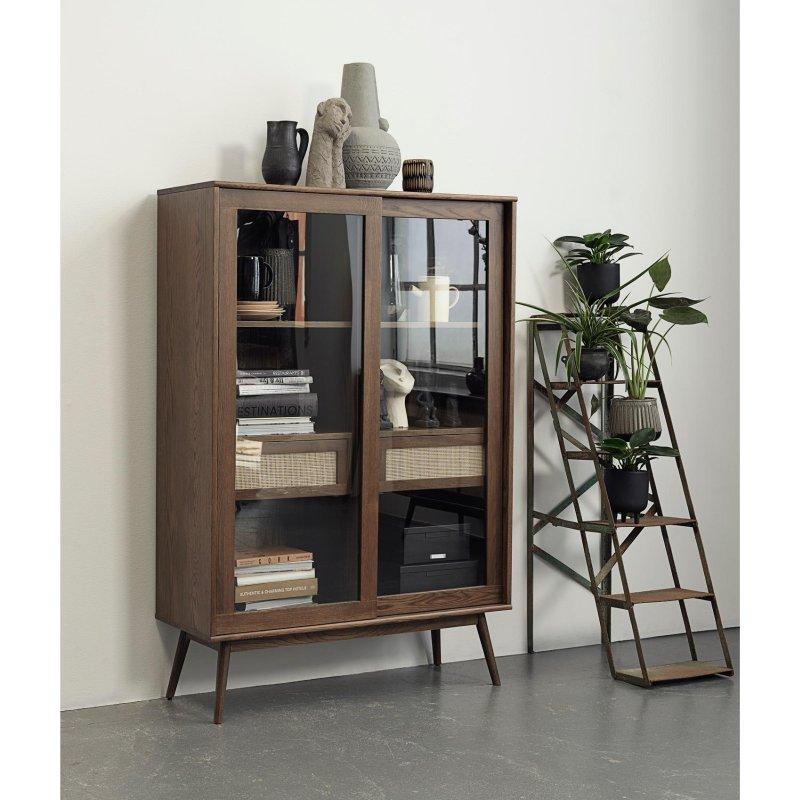 Kahverengi Meşe ve Rattan Sürgülü Cam Kapaklı Çekmeceli Kitaplık - 110x110x161 cm - 316690
