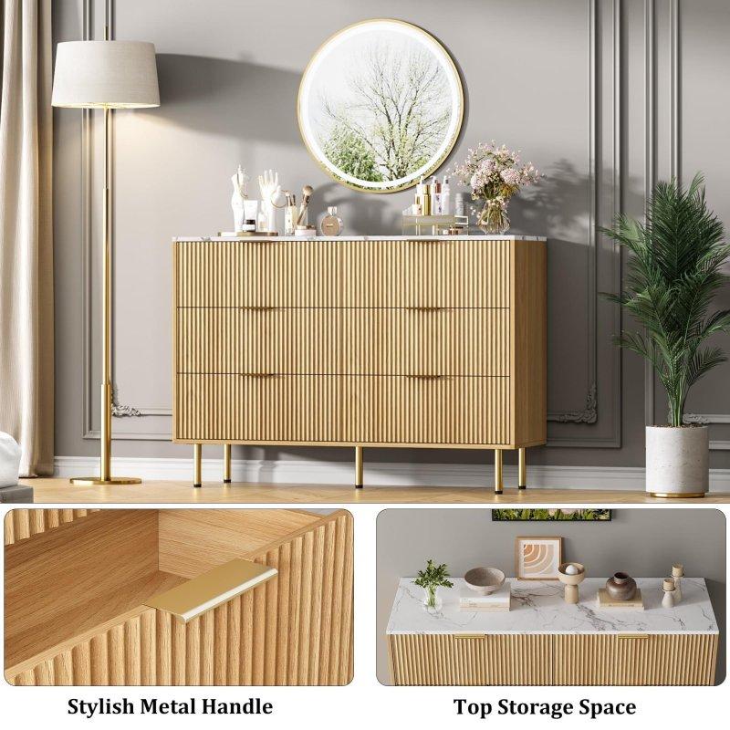 Kahverengi Meşe Yivli 6 Çekmeceli Gold Kulplu Şifonyer - 307663