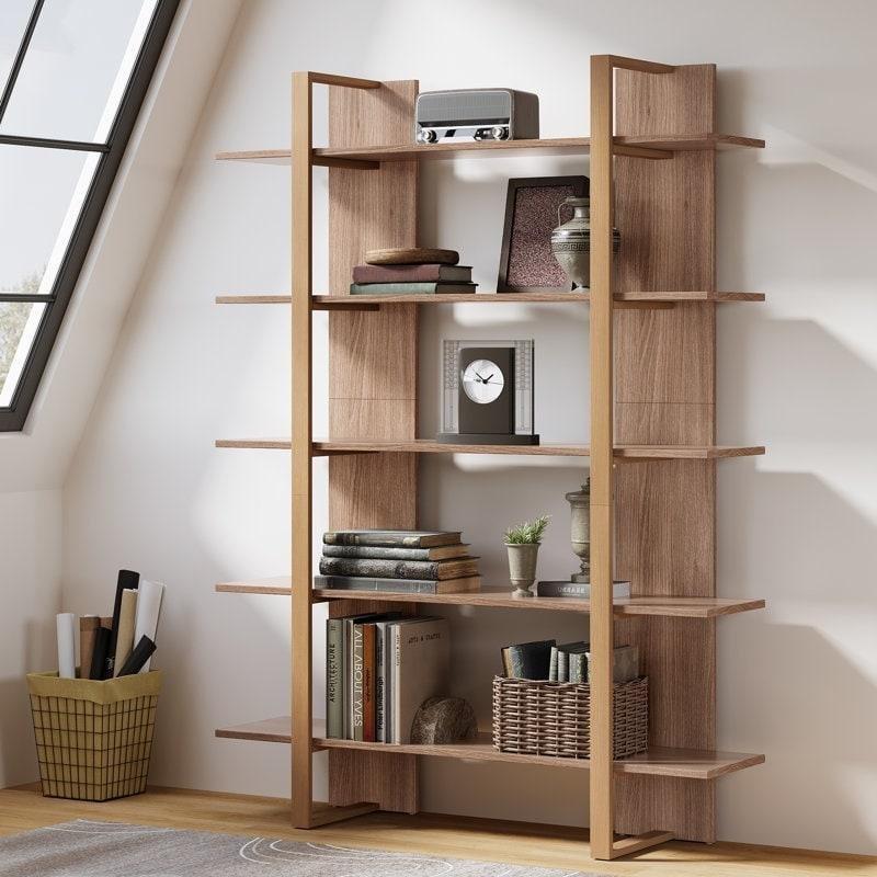 Kahverengi Metal Ahşap 5 Raflı Arkası Açık Modern Kitaplık - 120x30x180 cm - 313543