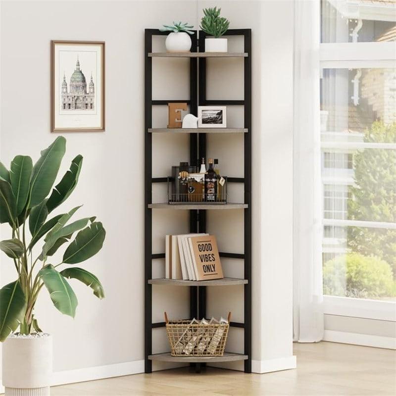 Kahverengi Metal Ahşap 5 Raflı Köşe Kitaplık - 37x37x168 cm - 314243