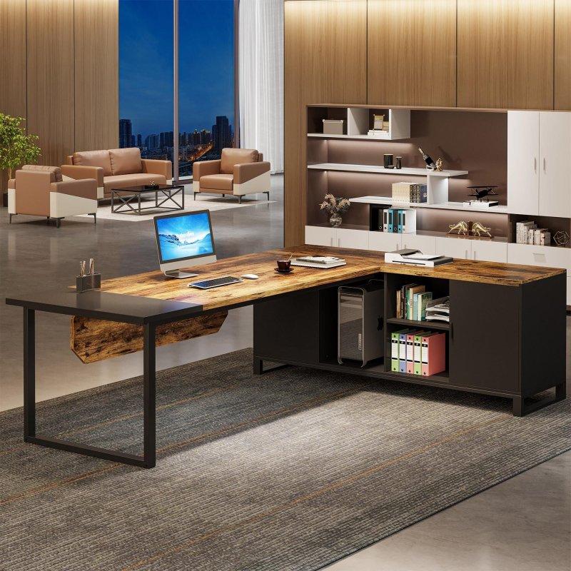 Kahverengi Metal Ayaklı Ahşap L Tipi Raflı ve Dolaplı Ofis Masası - 180 cm - 325744
