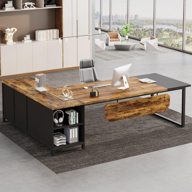 Kahverengi Metal Ayaklı Ahşap L Tipi Raflı ve Dolaplı Ofis Masası - 180 cm - 325744