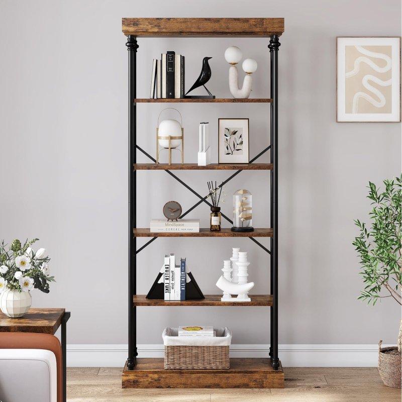 Kahverengi Metal İskeletli 6 Raflı Endüstriyel MDF Kitaplık - 187x80x30 cm - 314173