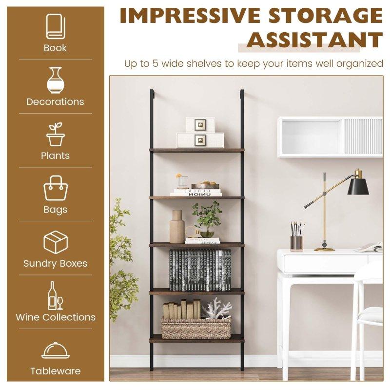 Kahverengi Metal ve Ahşap 5 Raflı Duvara Monte Merdiven Kitaplık - 181 cm - 320654
