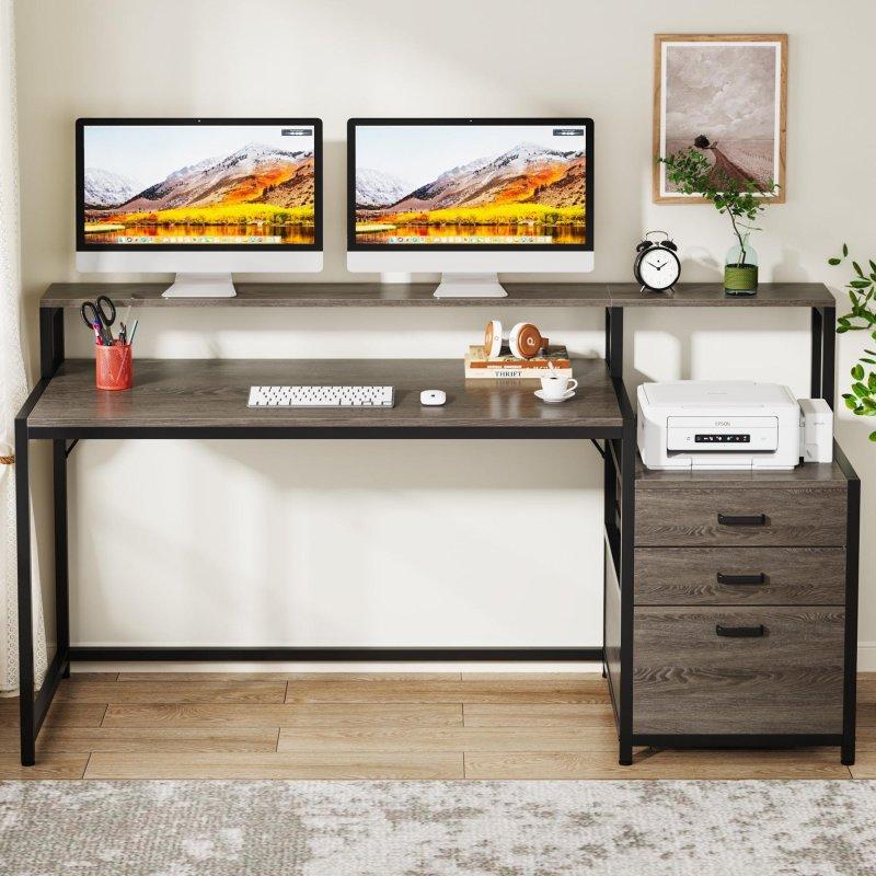 Kahverengi Metal ve Ahşap Monitör Yükselticili Çekmeceli Ofis Masası - 160 cm - 327199