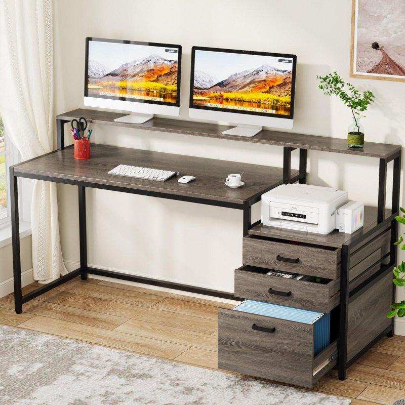 Kahverengi Metal ve Ahşap Monitör Yükselticili Çekmeceli Ofis Masası - 160 cm - 327199