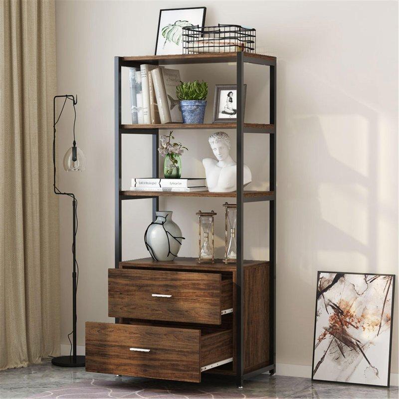 Kahverengi Metal ve Sunta 2 Çekmeceli 4 Raflı Kitaplık - 60x40x153 cm - 320483