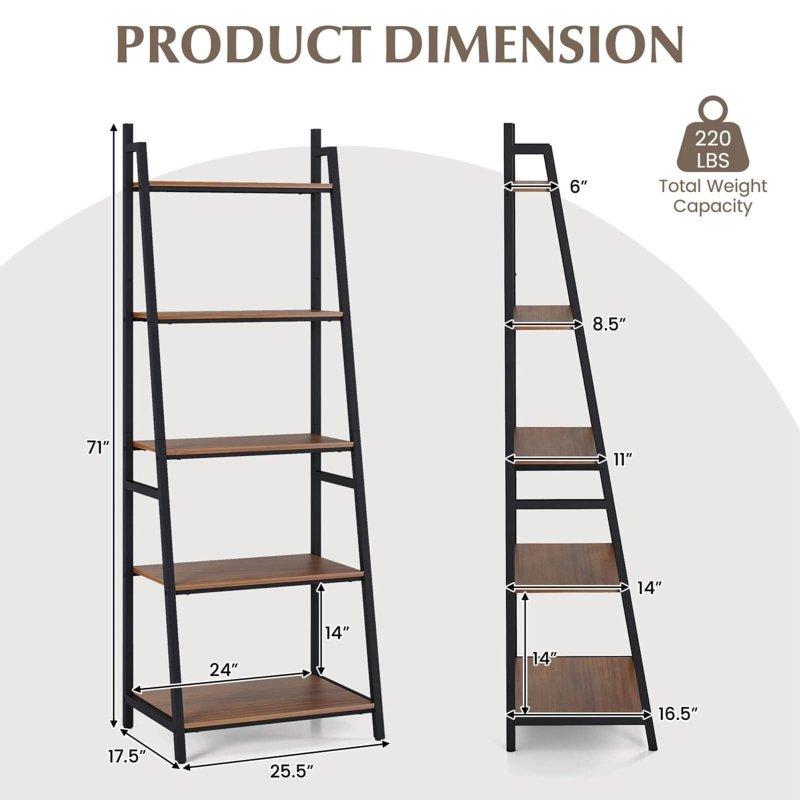 Kahverengi Metal ve Suntalam 5 Raflı Endüstriyel Merdiven Kitaplık - 65x45x181 cm - 320557