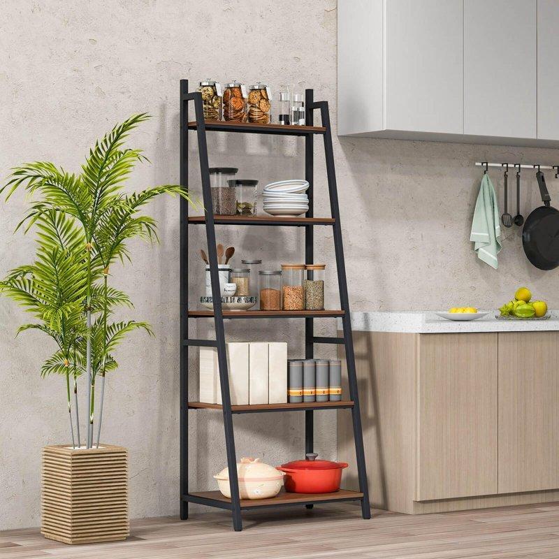 Kahverengi Metal ve Suntalam 5 Raflı Endüstriyel Merdiven Kitaplık - 65x45x181 cm - 320557