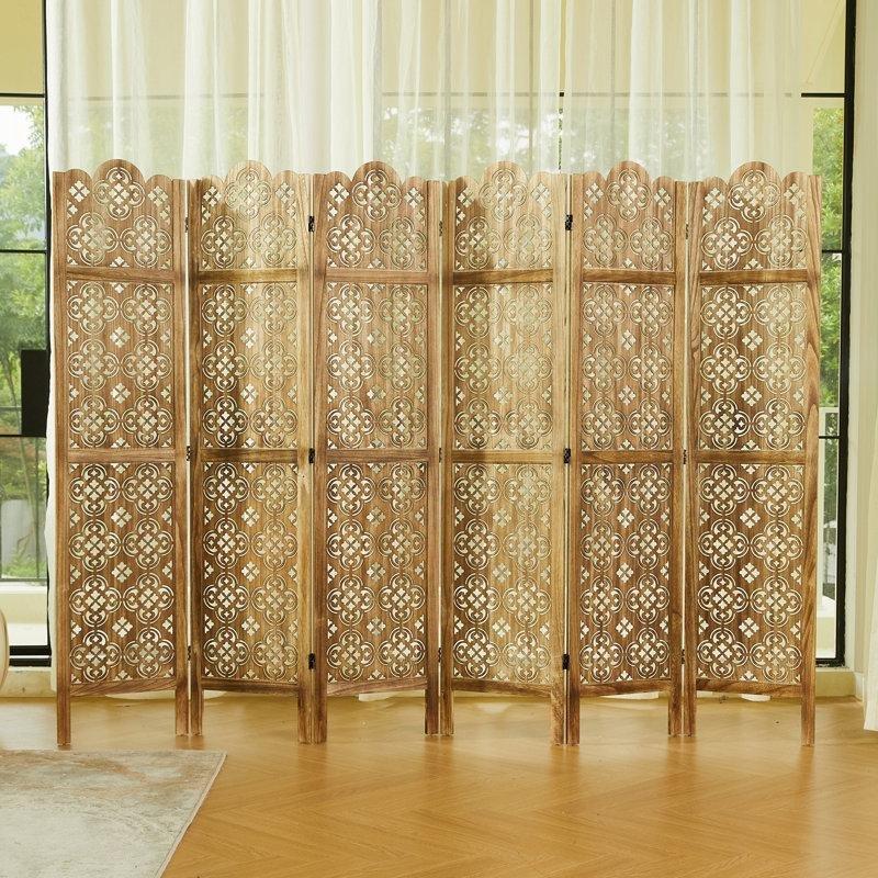 Kahverengi Paulownia Ahşap Düzensiz Oyma Katlanır Paravan -175x40x12 cm - 321374