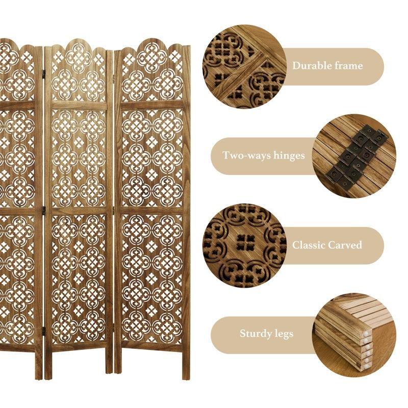 Kahverengi Paulownia Ahşap Düzensiz Oyma Katlanır Paravan -175x40x12 cm - 321374