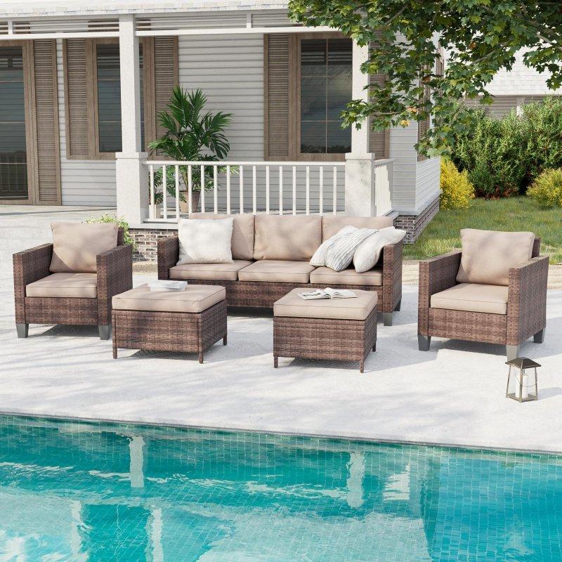 Kahverengi PE Rattan Metal İskeletli 5 Parça Minderli Puflu Bahçe Takımı - 274901