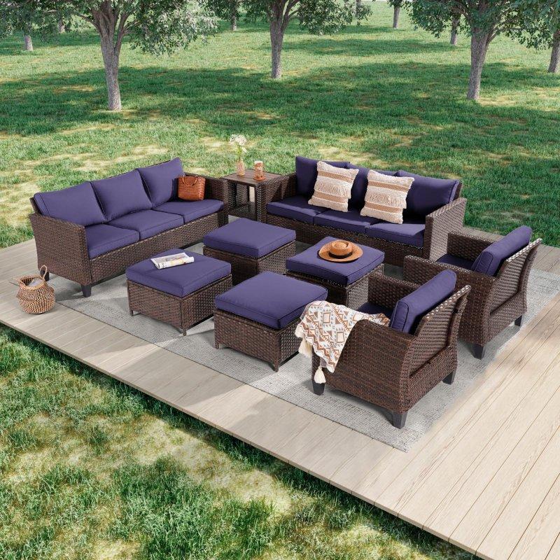 Kahverengi PE Rattan Puflu 9 Parça Bahçe Takımı - 271349