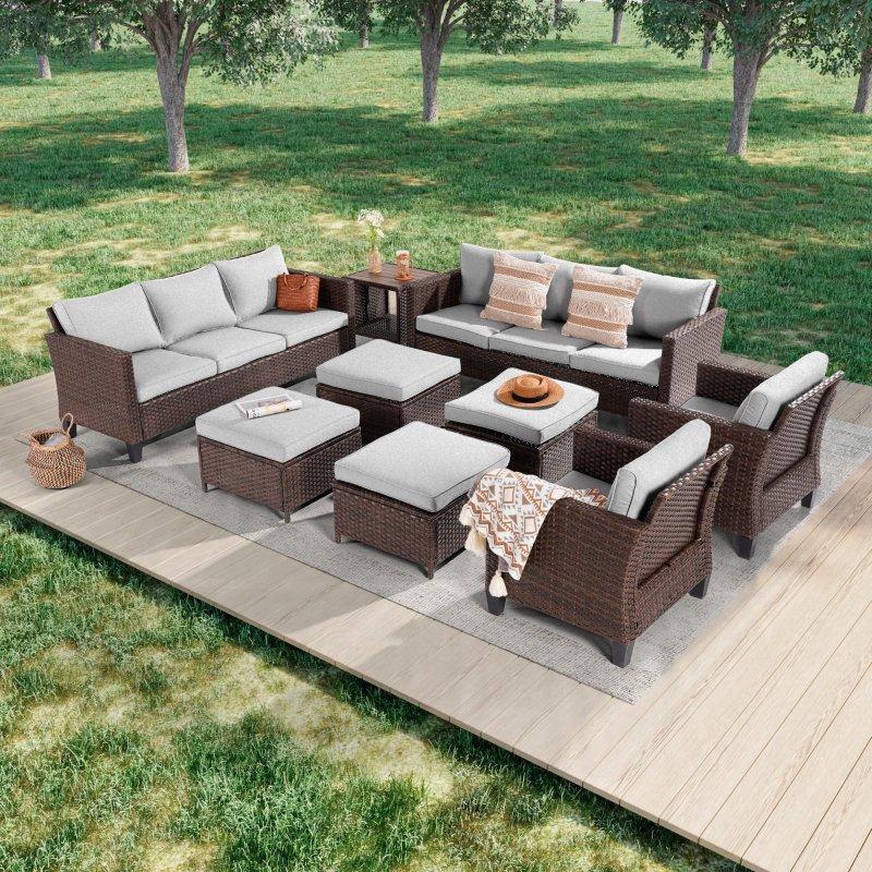 Kahverengi PE Rattan Puflu 9 Parça Bahçe Takımı - 271349