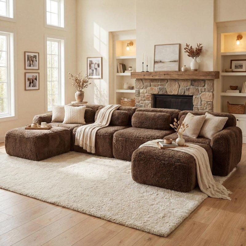 Kahverengi Peluş Kumaş Modüler Kaymaz Tabanlı Bohem Koltuk - 284548