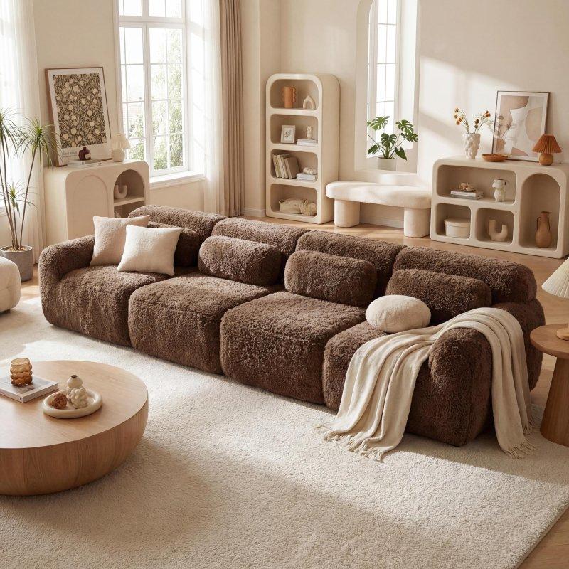 Kahverengi Peluş Kumaş Modüler Kaymaz Tabanlı Bohem Koltuk - 284548