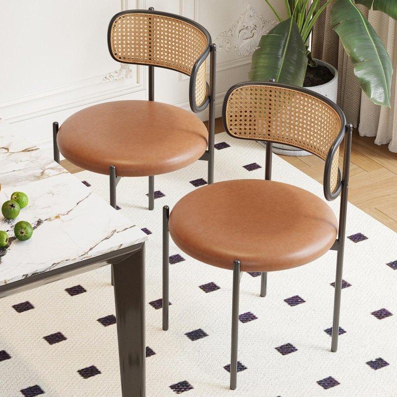 Kahverengi PU Deri Döşemeli Metal Ayaklı 4lü Rattan Sandalye Seti - 251756