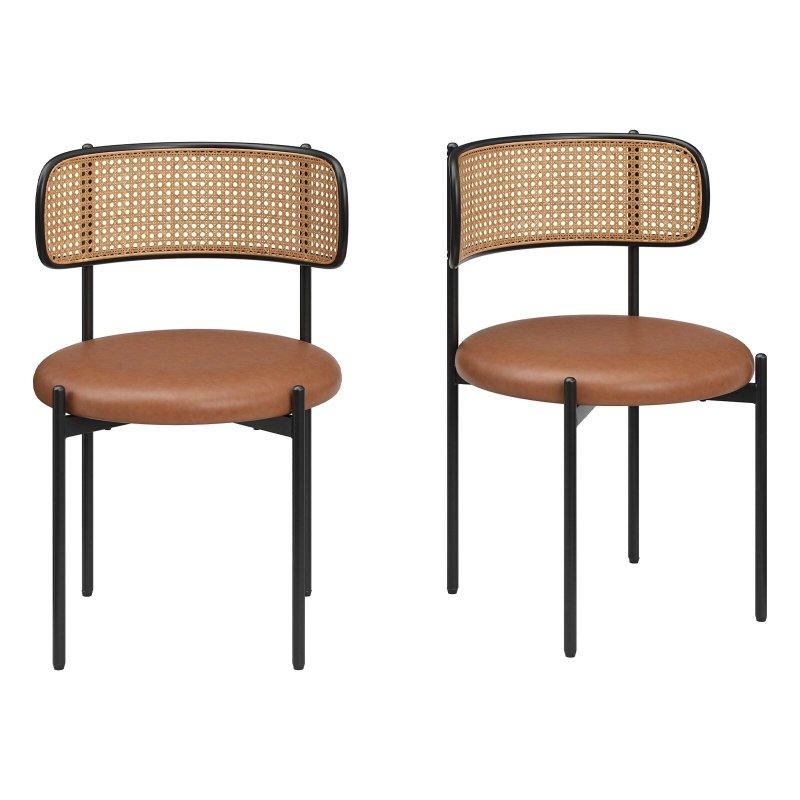 Kahverengi PU Deri Döşemeli Metal Ayaklı 4lü Rattan Sandalye Seti - 251756