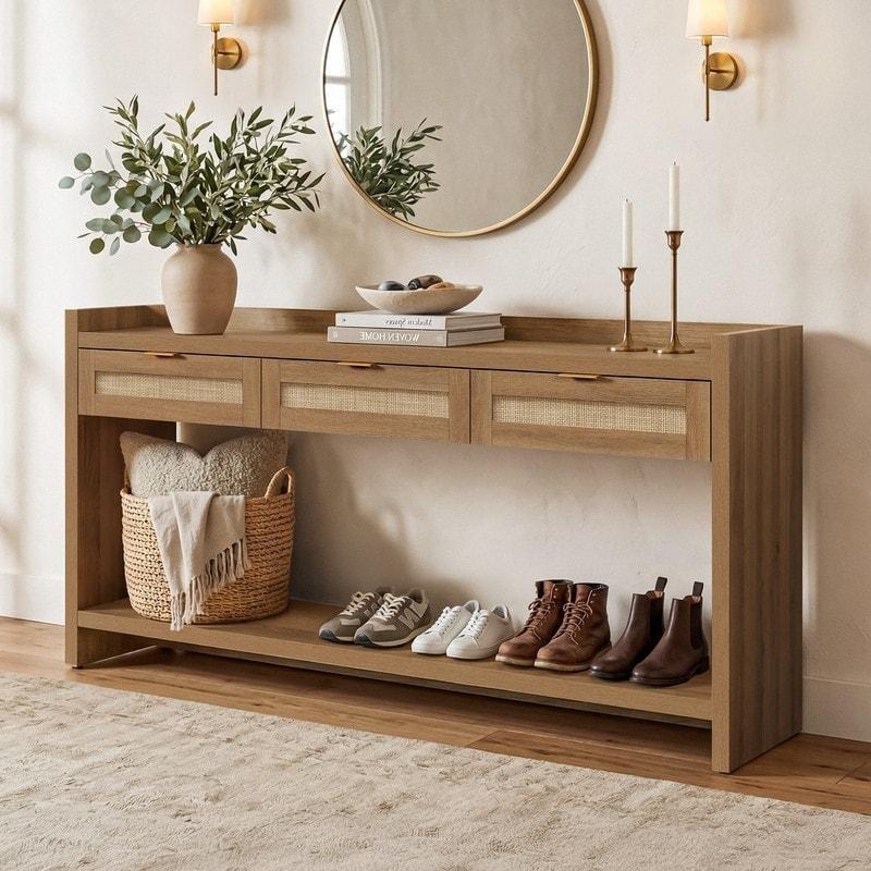 Kahverengi Rattan 3 Çekmeceli Açık Raflı Dresuar - 153 cm - 330903