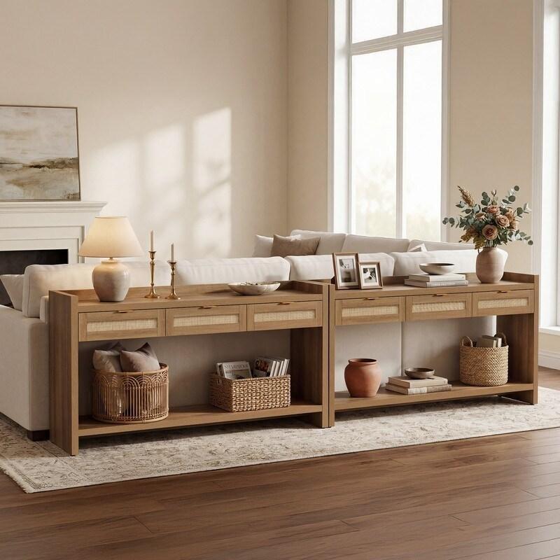Kahverengi Rattan 3 Çekmeceli Açık Raflı Dresuar - 153 cm - 330903
