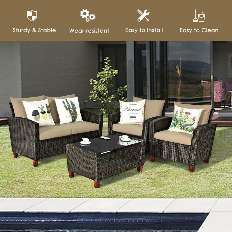Kahverengi Rattan 4 Parça Orta Sehpalı Bahçe Takımı - 276085