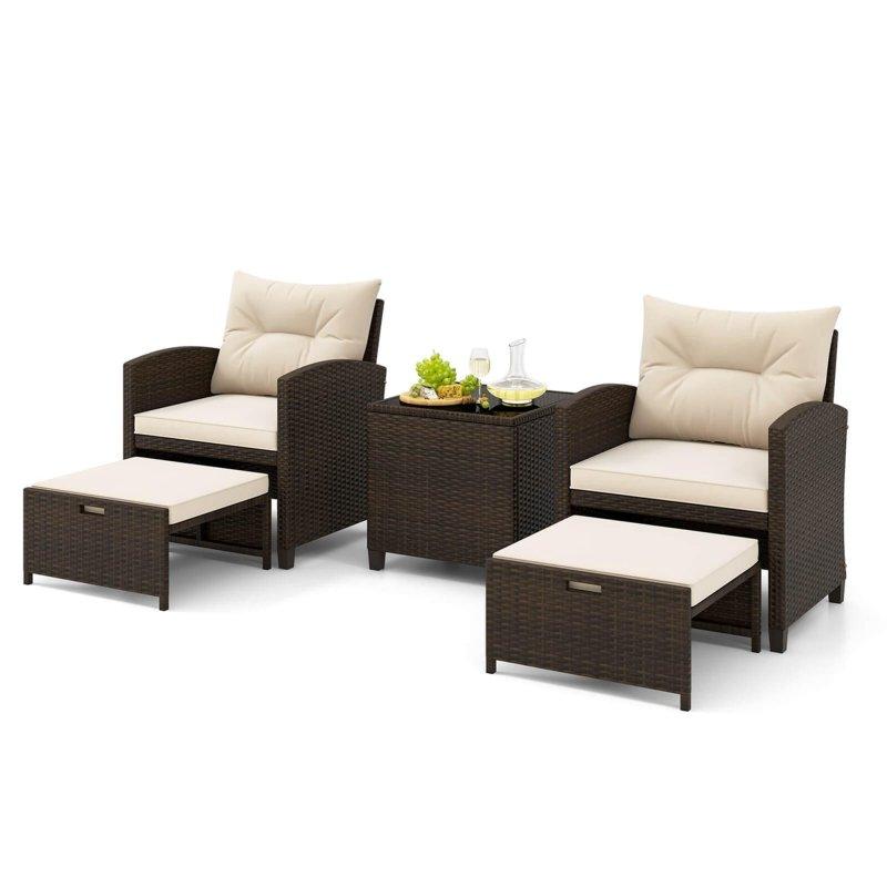 Kahverengi Rattan 5 Parça Puf ve Temperli Cam Sehpahlı Bahçe Takımı - 269071