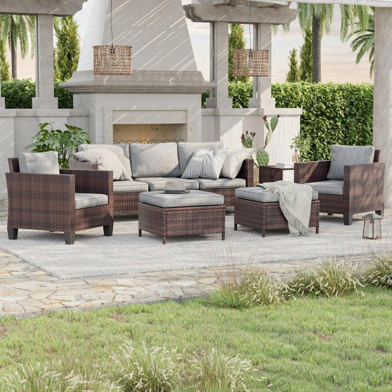 Kahverengi Rattan 6 Parça 7 Kişilik Puflu Bahçe Takımı - 268053