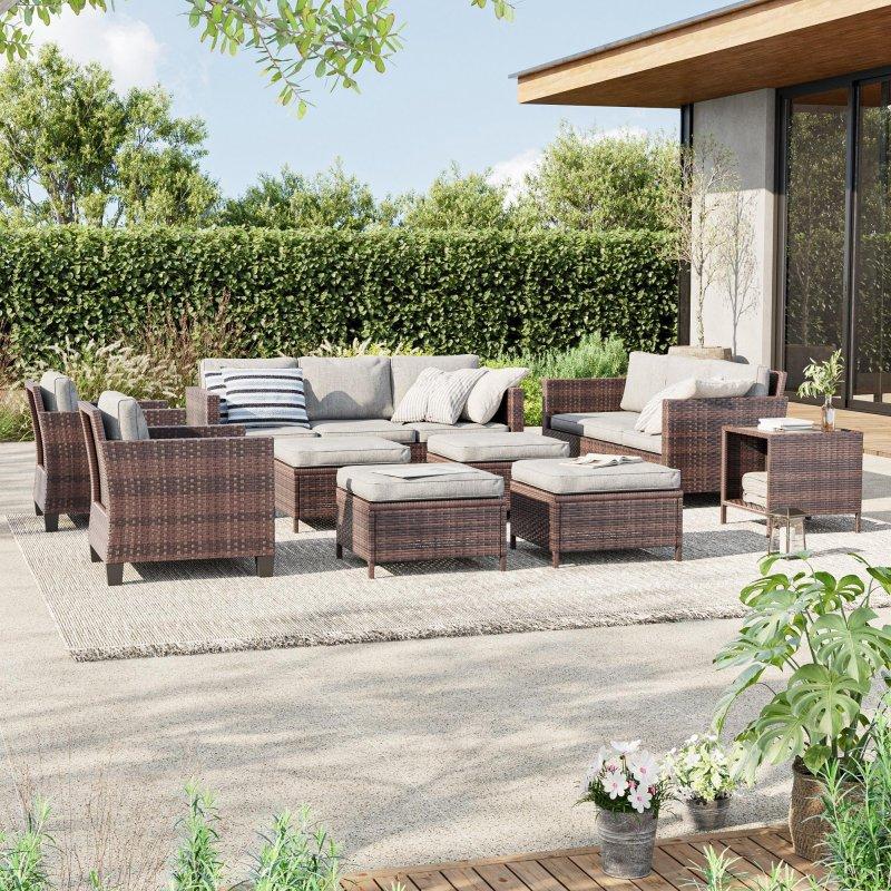 Kahverengi Rattan 9 Parça Puflu Yan Sehpalı Bahçe Takımı - 271902