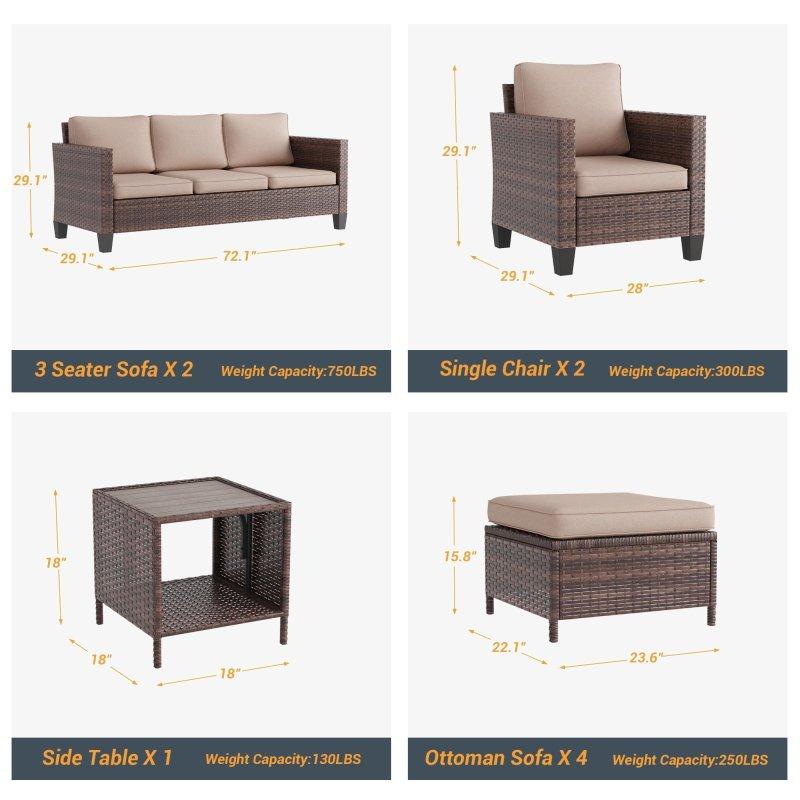Kahverengi Rattan 9 Parça Puflu Yan Sehpalı Bahçe Takımı - 271902