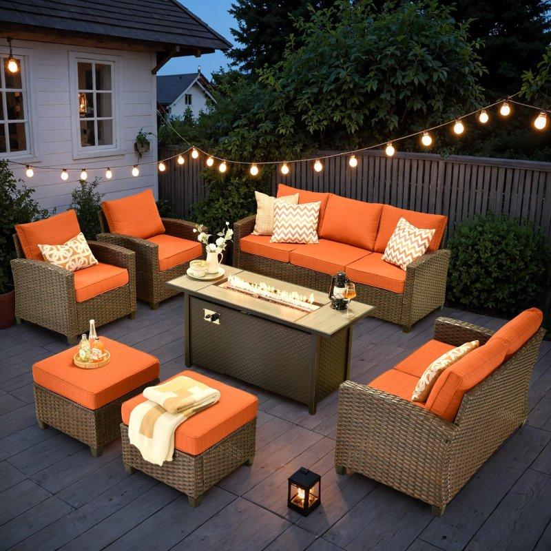 Kahverengi Rattan Ateş Çukurlu 7 Parça Derin Oturumlu Bahçe Takımı - 267597
