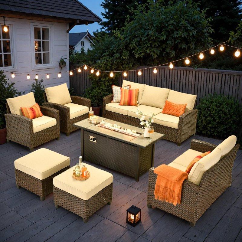 Kahverengi Rattan Ateş Çukurlu 7 Parça Derin Oturumlu Bahçe Takımı - 267597