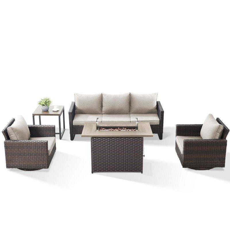 Kahverengi Rattan Bej Minderli Döner Sallanır ve Ateş Çukurlu Bahçe Takımı - 188x77 cm - 271973
